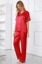 Umeyda Girls Womens Pajamas Set, Satin Silky Button Down Loungewear 2 Piece Short Sleeve Pants PJS Sets for Mommy Kids