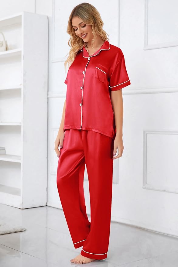 Umeyda Girls Womens Pajamas Set, Satin Silky Button Down Loungewear 2 Piece Short Sleeve Pants PJS Sets for Mommy Kids
