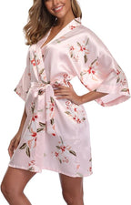 Women's Floral Satin Robes Bride Bridesmaid Getting Ready Robe Short Silky Kimono Sleepwear for Wedding Party