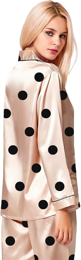 SWOMOG Womens Silk Satin Pajamas Set Long Sleeve Button Down Sleepwear 2 Piece Lounge Set Pj Set XS-3XL