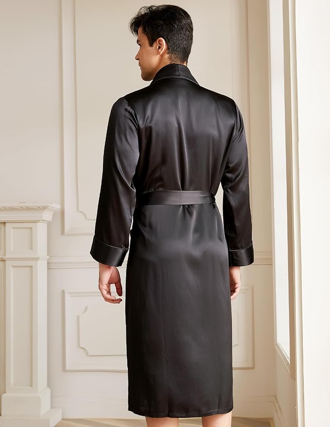 THXSILK Men’s Silk Robe Long Bathrobes, Luxury Lightweight Sleepwear, Two Pockets, Pure Mulberry Silk loungewear