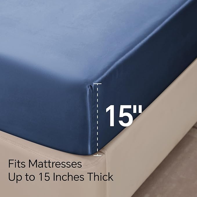 BEDELITE Satin Sheets Full XL Size Bed Set, Luxury Soft Navy Silky Sheets for Hair and Skin, Similar to Silk Bed Sheets Set 4 Pieces with 1 Deep Pocket Fitted Sheet, 1 Flat Sheet, 2 Pillowcases