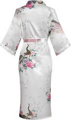 Valennia Women Long Silky Bathrobe Satin Kimono Robe Floral Printed Dressing Gown Sleepwear
