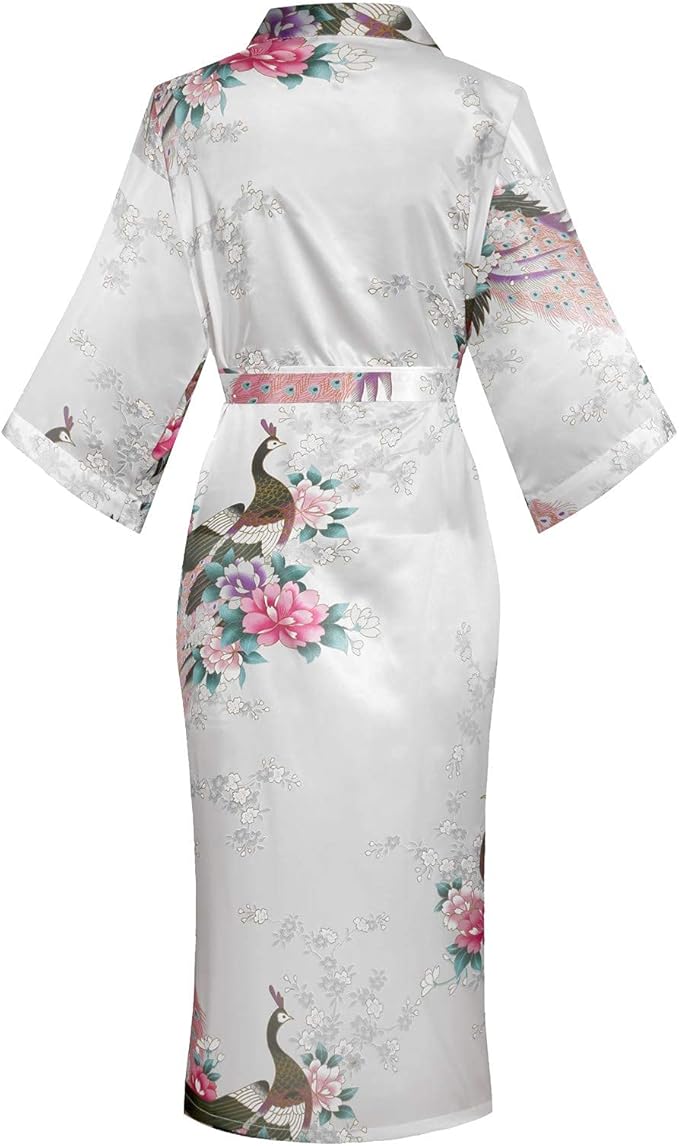 Valennia Women Long Silky Bathrobe Satin Kimono Robe Floral Printed Dressing Gown Sleepwear