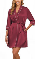 Veseacky Women's Satin Robe Knee Length V Neck Lightweight Silky Bathrobe Casual Loungewear Sleepwear with Waist Tie