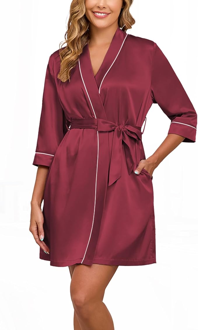 Veseacky Women's Satin Robe Knee Length V Neck Lightweight Silky Bathrobe Casual Loungewear Sleepwear with Waist Tie