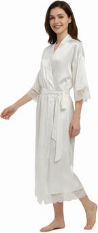 Long Satin Robes for Women Ankle Length Kimono Robes Silky Bridal Party Robes with Lace Trim Bridesmaid Loungewear Sleepwear
