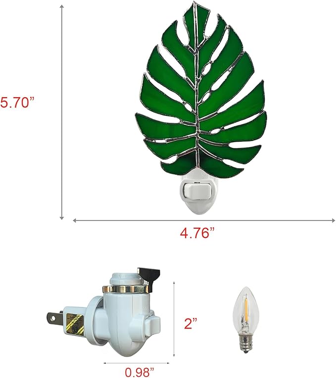 CHEZBABY Plant Stained Glass Night Light Plug into Wall Lamp Decorative Accent Nightlight for Hallway Bedroom Bathroom Kitchen Home Décor(Monstera)