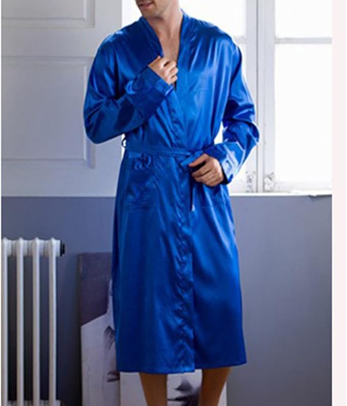 Men's Satin Robe Silky Bathrobe Soft Comfy Casual Bathrobe Fashion Comfy Solid Color Long Loungewear with Pocket