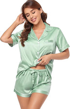 Serenedelicacy Women's Satin Pajama Set 2-Piece Sleepwear Loungewear Button Down Short Sleeve Silky PJ Set