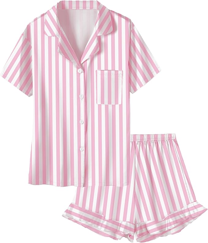 Umeyda Girls & Women Satin Pajamas Set Button Down 2 Piece Silk Pjs Shorts Set Ruffle Sleepwear, 5 Years-Women L