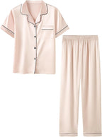 Umeyda Girls Womens Pajamas Set, Satin Silky Button Down Loungewear 2 Piece Short Sleeve Pants PJS Sets for Mommy Kids