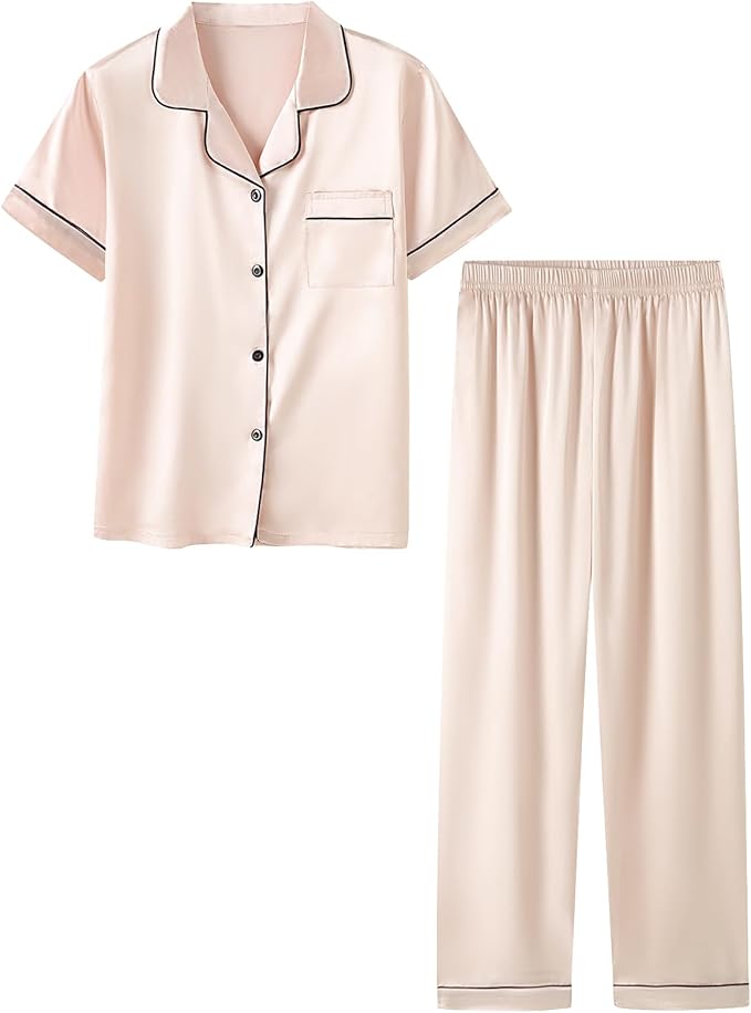 Umeyda Girls Womens Pajamas Set, Satin Silky Button Down Loungewear 2 Piece Short Sleeve Pants PJS Sets for Mommy Kids