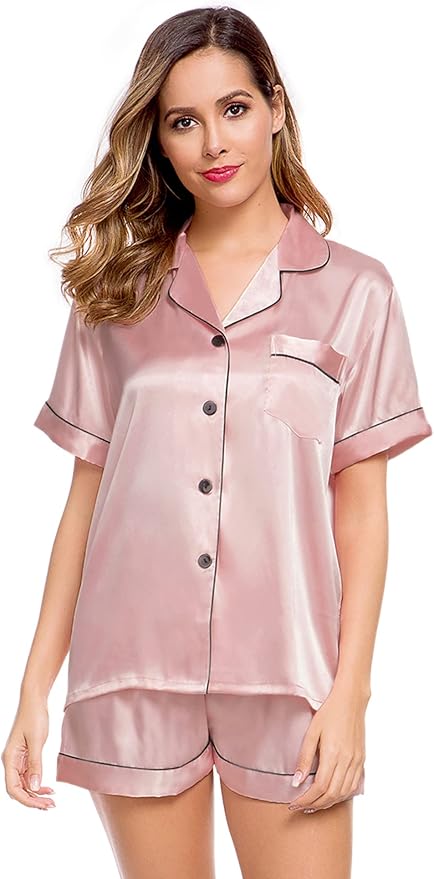 LecGee Womens Silk Satin Pajamas Short Sleeve Loungewear Two-Piece Sleepwear Button-Down Pj Set