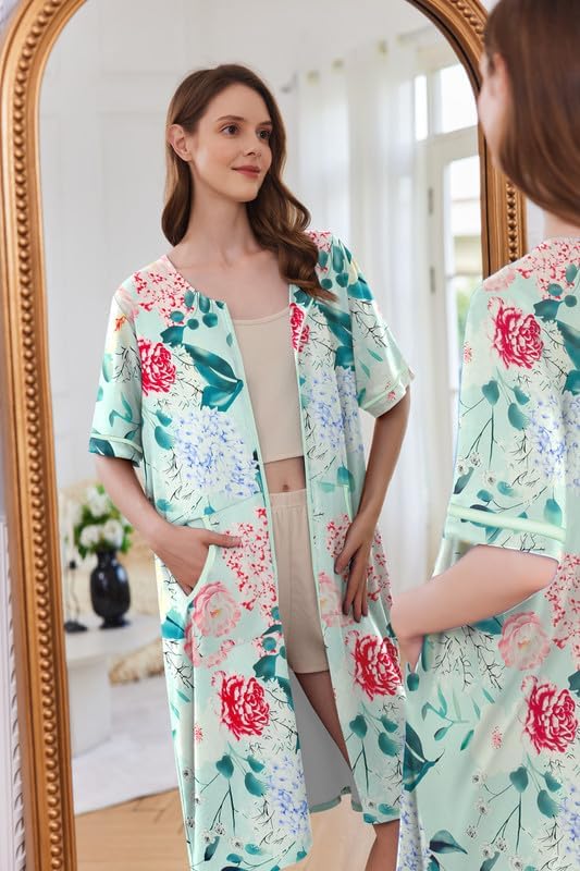 Ekouaer Women Zipper Robe Short Sleeve Duster Housecoat Short Bathrobes Zip Front Nightgown with Pockets S-3XL