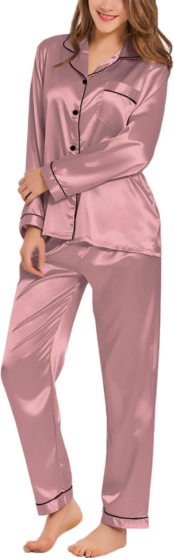SWOMOG Womens Silk Satin Pajamas Set Long Sleeve Button Down Sleepwear 2 Piece Lounge Set Pj Set XS-3XL