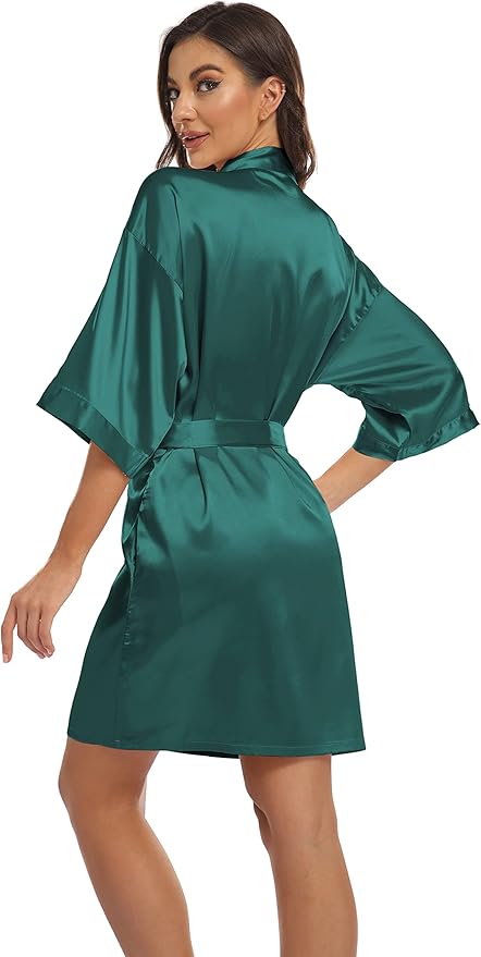 Women's Pure Short Kimono Robes Bride Bridesmaids Silky Bathrobe Lightweight Satin Sleepwear
