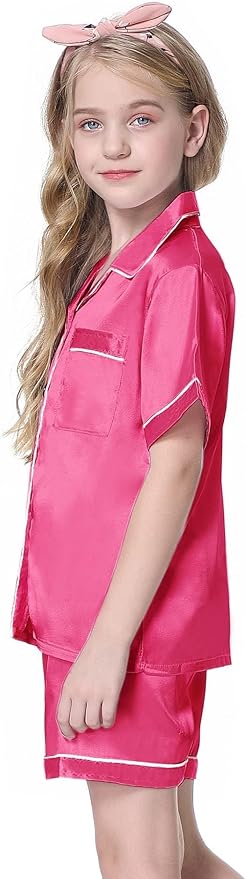 Girls & Womens Satin Pajamas Set, Silk Button-Down Sleepwear 2 Piece Nightwear, 3 Years - Women XXL