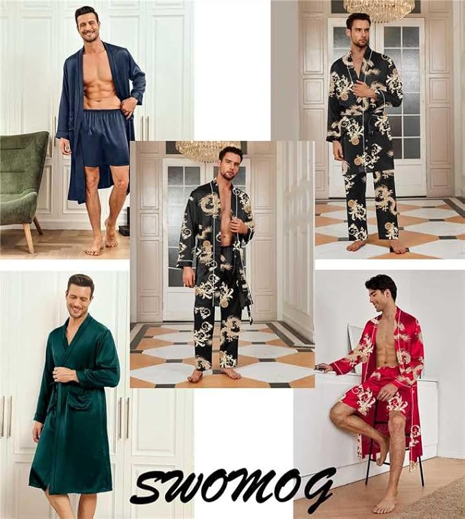 SWOMOG Mens 3 PCS Satin Robe with Pants & Shorts Set Kimono Bathrobe Long Sleeve Sleepwear Pjs Sets with Pockets