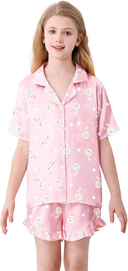 Umeyda Girls & Women Satin Pajamas Set Button Down 2 Piece Silk Pjs Shorts Set Ruffle Sleepwear, 5 Years-Women L