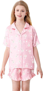 Umeyda Girls & Women Satin Pajamas Set Button Down 2 Piece Silk Pjs Shorts Set Ruffle Sleepwear, 5 Years-Women L