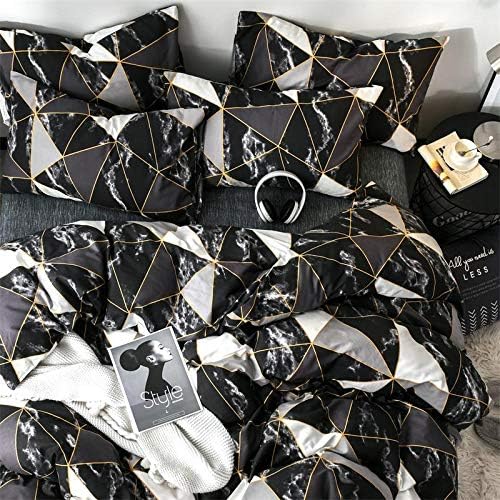 CLOTHKNOW Black White Marble Comforter Set King Triangle Plaid Bedding Sets All Season Geometric Comforter
