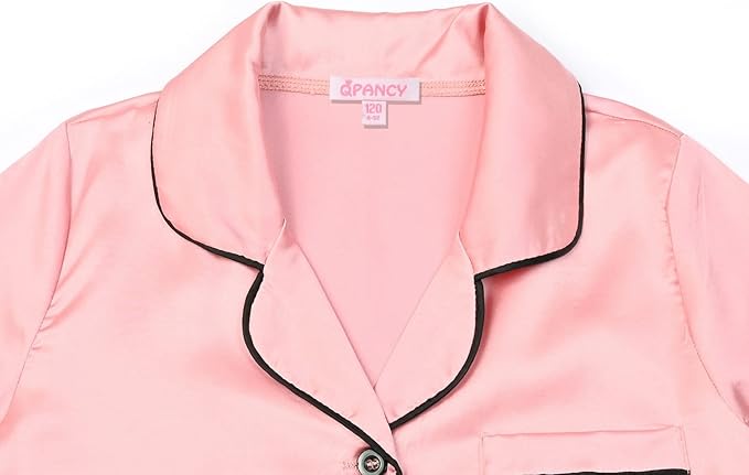 QPANCY Kids Satin Pajamas Sets Baby Boy Girl Button-Down Silk Sleepwear 2 Piece Short Sleeve Loungewear Clothes Set