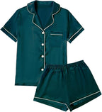 LYANER Women's Silky Satin Pajamas Set Short Sleeve Button Down Shirt With Shorts Pjs Set Sleepwear