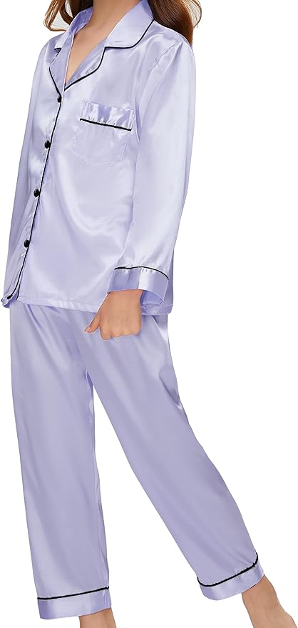EPLAZA Kids Satin Pajamas Sets Girls Boys Button-Down Silky Pajamas Sleepwear with Hairband Eye Mask Hair Tie