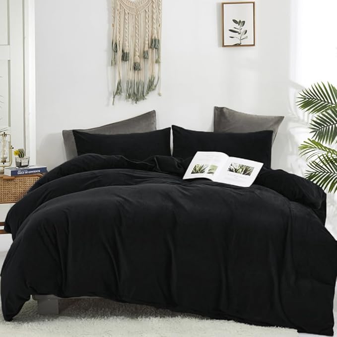 CLOTHKNOW Black California King Comforter Set Velvet Bedding Comforter Sets Soft Flannel Comforters Black Comforter with 2 x Pillow Cases