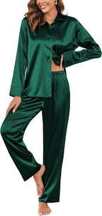 Ekouaer Women Satin Silk Pajamas Classic Long Sleeve Button Down Pjs Set Soft Loungewear