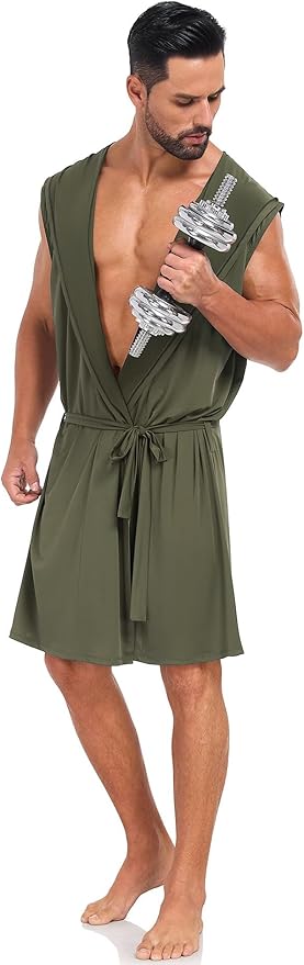 VintageClothing Men's Summer Robe with Hooded Lightweight Bathrobe House Kimono Sleeveless Sexy Sleepwear Pajamas