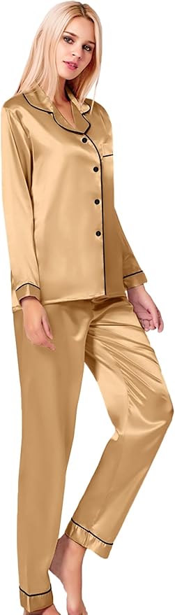 SWOMOG Womens Silk Satin Pajamas Set Long Sleeve Button Down Sleepwear 2 Piece Lounge Set Pj Set XS-3XL