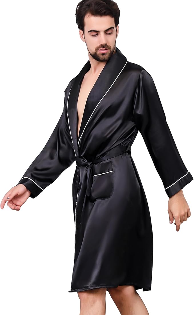 Haseil Men's Satin Robe Dragon Luxurious Silk Spa Long Sleeve House Kimono Bathrobe