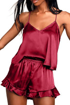 CHYRII Women's Sexy Silk Satin Ruffled Pajamas Sets Cami Shorts Sets Sleepwear