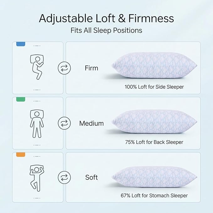 Meoflaw Adjustable Memory Foam Bed Pillows:King Size Shredded Foam Pillow Set of 2 for Sleeping with Removable & Washable Pillowcase for Back,Side & Stoamch Sleeper-Medium Firm