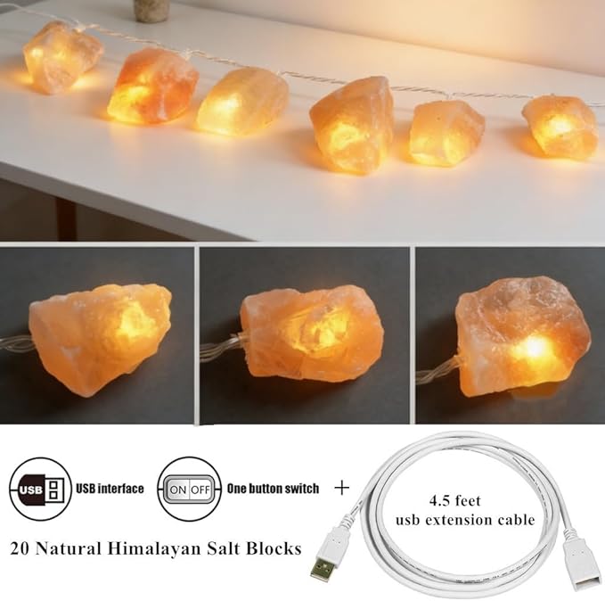 Himalayan Salt Light String for Bedroom with 20 Rock,11.5ft USB Powered String Fairy Lights Night Salt Lamp,Natural Salt Rock,Handmade Ambient Light for Office Home Wedding Party Christmas Decorations