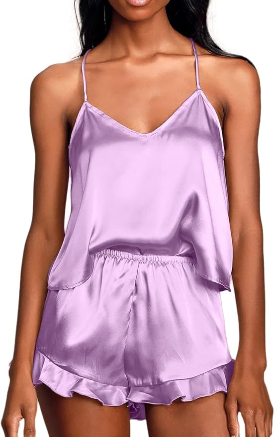CHYRII Women's Sexy Silk Satin Ruffled Pajamas Sets Cami Shorts Sets Sleepwear