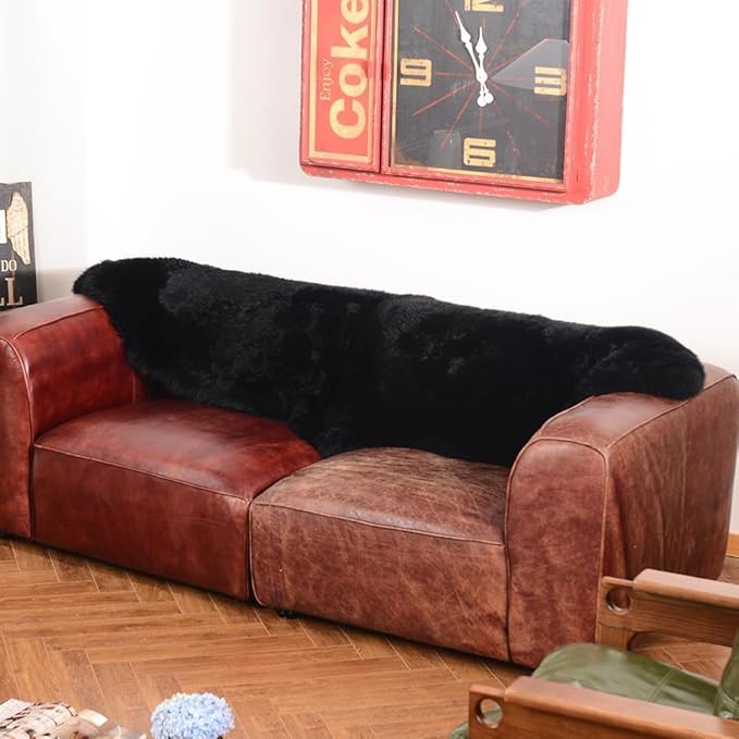 Real Fur Sheepskin Rug with Little Patches, Genuine Fuzzy Wool Sheep Skin Throw Pad for Bedroom Floor Living Room Sofa Luxury Fur Carpet (Black, 2FT×6FT Patchwork)