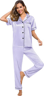 SWOMOG Women Satin Pajamas Set Short Sleeve Top & Pants Sleepwear Silky Button Down Nightwear 2pcs Loungewear Pjs Set