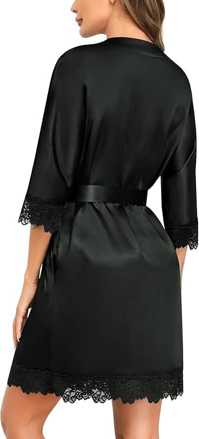 SWOMOG Women's Satin Robe Set 2 Piece Sexy Pajamas Sets Lace Cami Nightgown and Silk Robes Nightwear