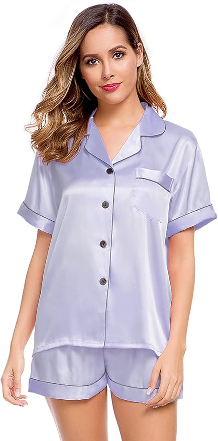 LecGee Womens Silk Satin Pajamas Short Sleeve Loungewear Two-Piece Sleepwear Button-Down Pj Set