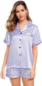 LecGee Womens Silk Satin Pajamas Short Sleeve Loungewear Two-Piece Sleepwear Button-Down Pj Set