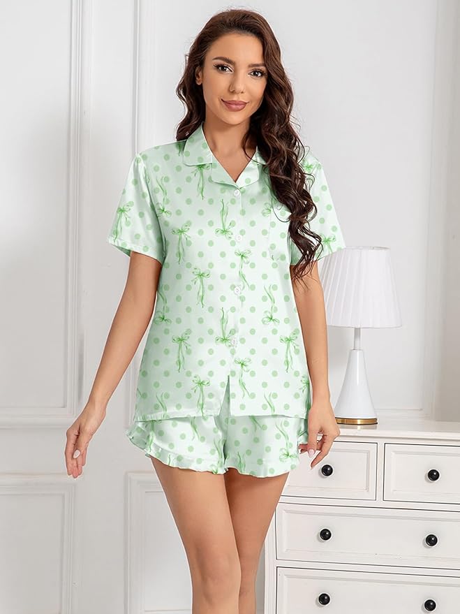 Umeyda Girls & Women Satin Pajamas Set Button Down 2 Piece Silk Pjs Shorts Set Ruffle Sleepwear, 5 Years-Women L