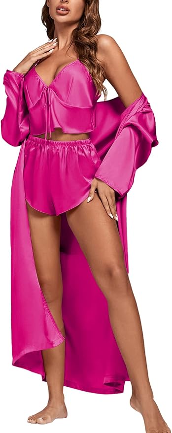 OPOIPIN Women's 3 Piece Pajama Set Sexy Cami Top and Shorts with Robe Sleepwear Loungewear Set