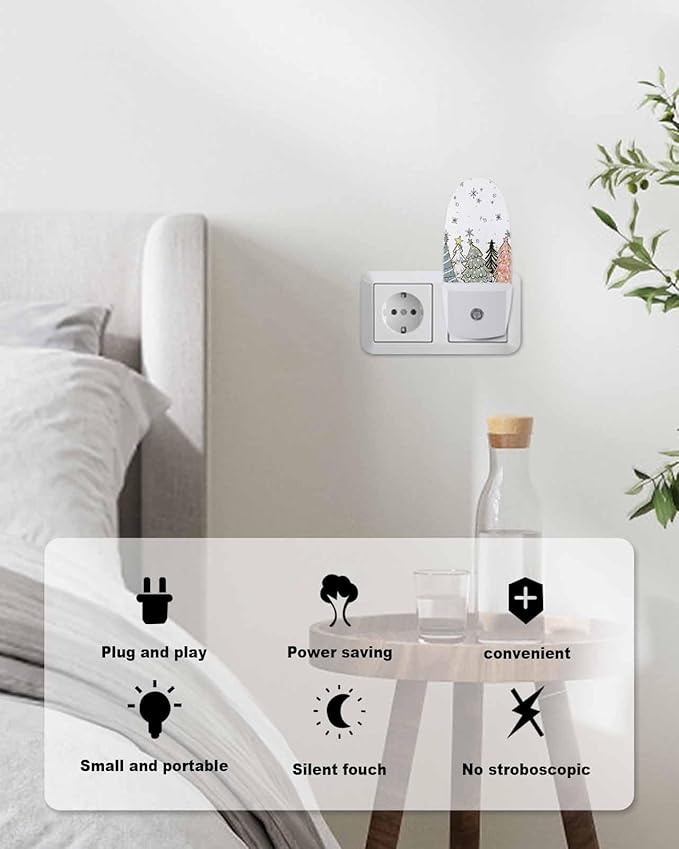 Night Light Plug into Wall, Christmas Day Winter Pine Trees Snowflakes Blue Sage Green Black Peach White Popsicle Shape Night Light LED Nightlight with Light Sensors for Kids Bedroom Hallway