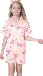 Umeyda Women & Girls Pajamas Set, Soft Satin Lightweight Silk Button-Down Top with Shorts 2 Piece PJS for Mom Boys Kids Gifts