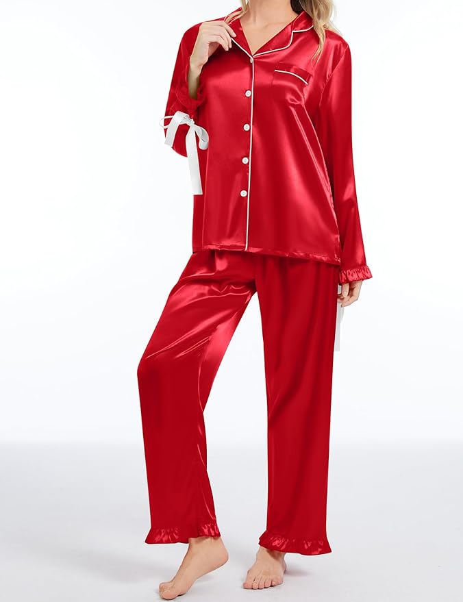 SWOMOG Womens Silk Satin Pajamas Set Long Sleeve Button Down Sleepwear 2 Piece Lounge Set Pj Set XS-3XL