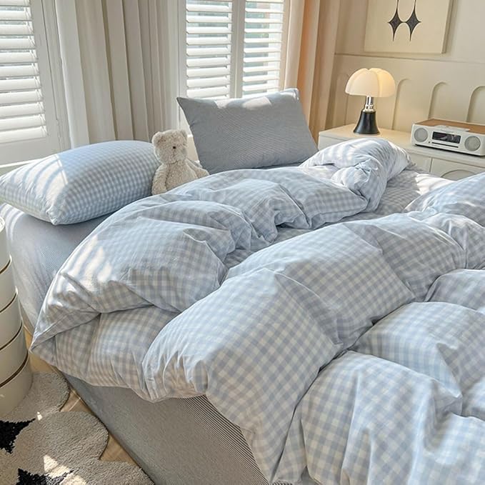 Nayoroom Gingham Duvet Cover King Size Blue White Plaid Checkered Comforter Cover 3 Pcs Soft Breathable Washed Microfiber Grid Farmhouse Bedding Set with Pillow Shams