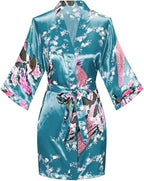 Women's Short Kimono Robes Bride and Bridesmaid Satin Floral Bathrobe Peacock Sleepwear Dressing Gown for Wedding Party